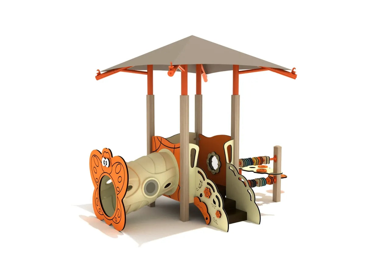 Front angled view of the Eastern Redbud Canopy Mini Play Structure with shade canopy, butterfly crawl tunnel, small steps, abacus, and floral activity panels in orange and cream