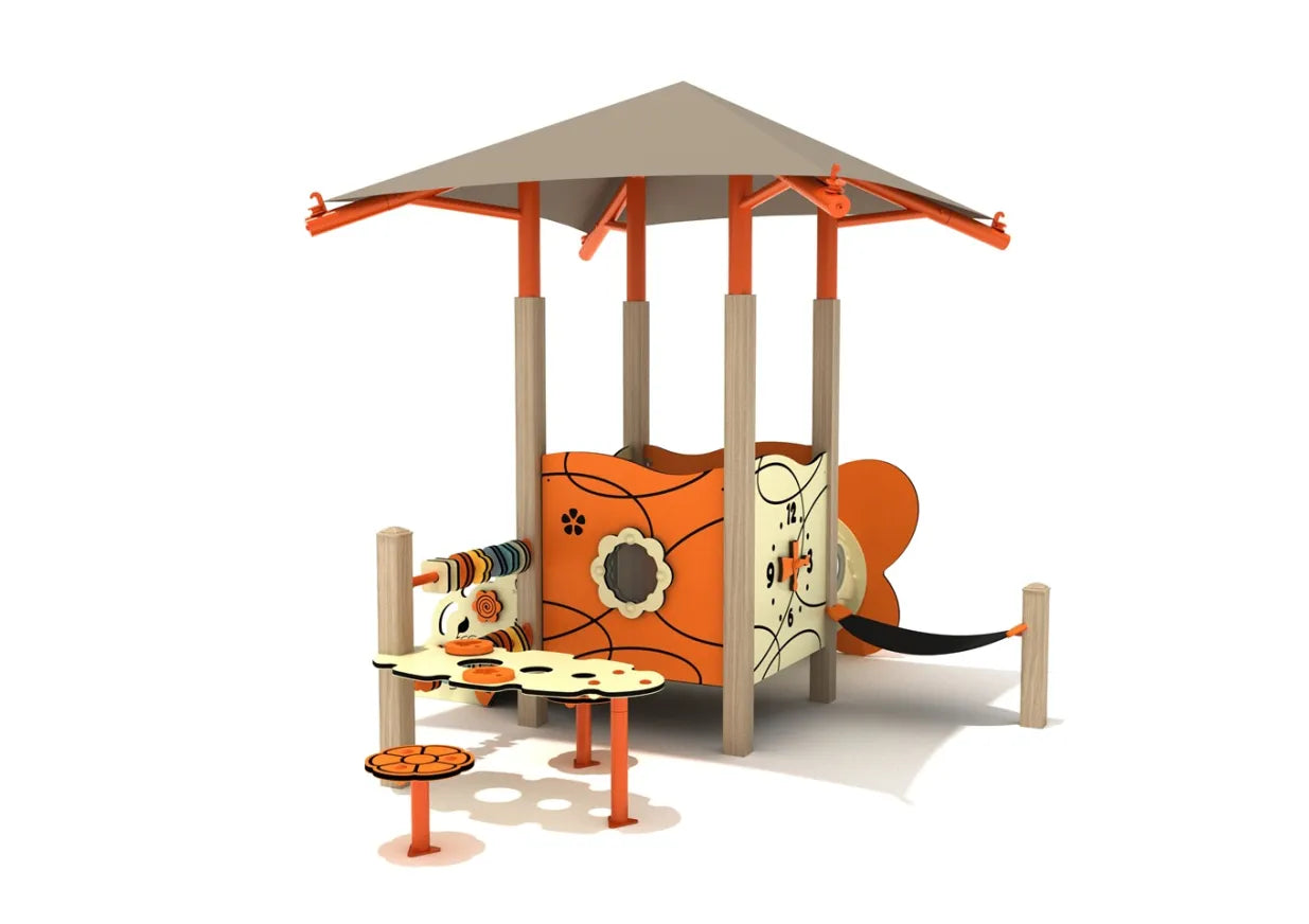 Rear angled view highlighting the toddler playhouse panels with a flower window, clock activity panel, abacus, and freestanding play table with small stool