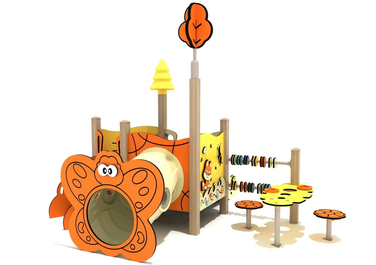 Crape Myrtle Canopy Mini Play Structure with butterfly-themed crawl tunnel, abacus panel, and toddler activity tables in orange and yellow nature theme