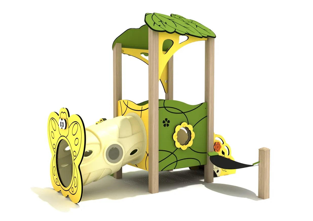 Front angled view of the Blackhaw Canopy Mini Play Structure with leaf-shaped roof, butterfly-themed crawl tunnel, and rope ramp entry