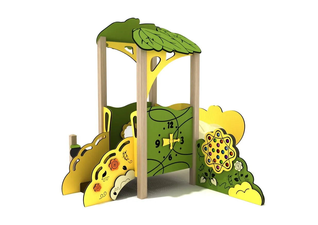 Rear-side view of the toddler playhouse showing interactive panels including a clock and flower gear under the green canopy