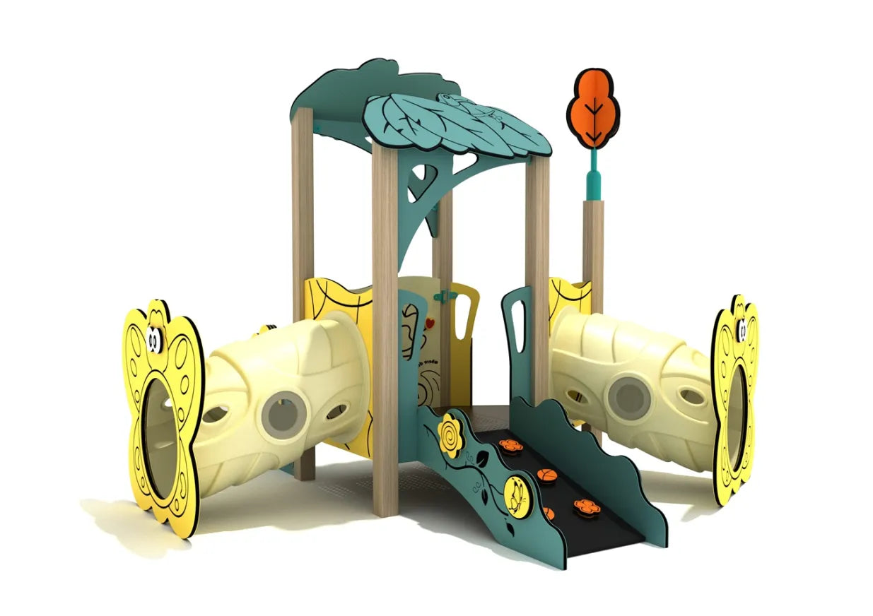 Star Magnolia Canopy Mini Play Structure with leaf canopy, two butterfly-themed crawl tunnels, and activity ramp, front angle