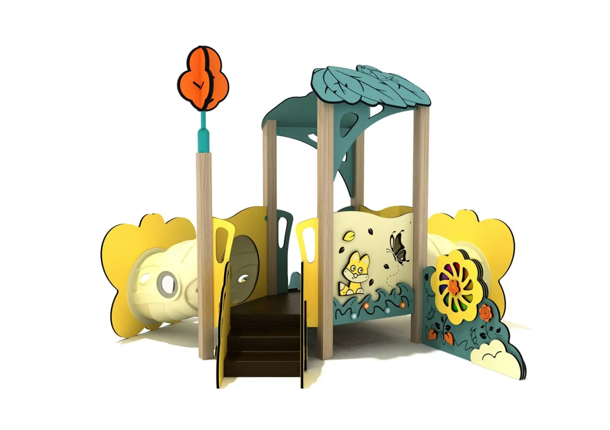 Rear angle of toddler play structure showing stairs, interactive wall panels, leaf roof, and decorative tree post