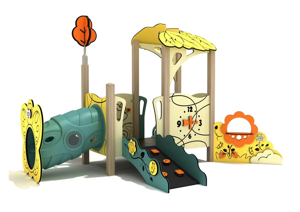 Nature-themed toddler play structure with leaf canopy roof, butterfly crawl tunnel, clock activity panel, and low climbing ramp