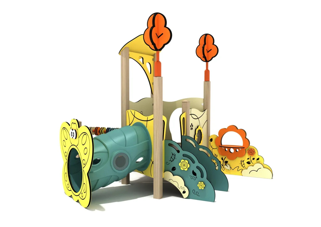 English Hawthorn Canopy Mini Play Structure front angle showing caterpillar crawl tunnel, nature-themed panels, and canopy with tree toppers