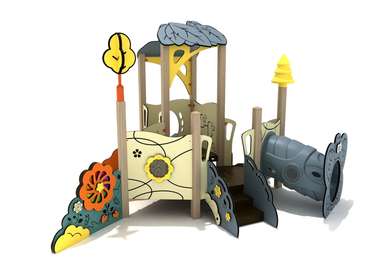 Rear angle of Japanese Snowbell Canopy Mini Play Structure showing activity panels, stairs, tree accents, and grey crawl tunnel.