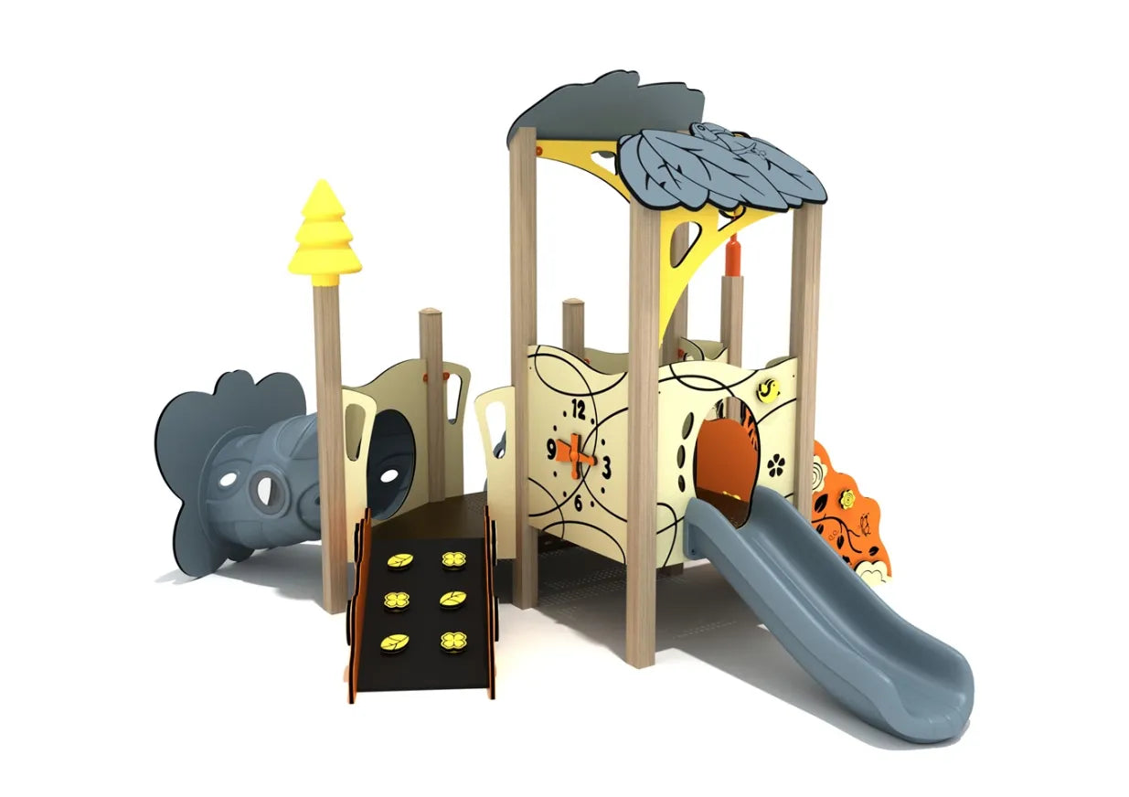 Japanese Snowbell Canopy Mini Play Structure with leaf-canopy roof, slide, crawl tunnel, and toddler climbing ramp with leaf grips, front angle.