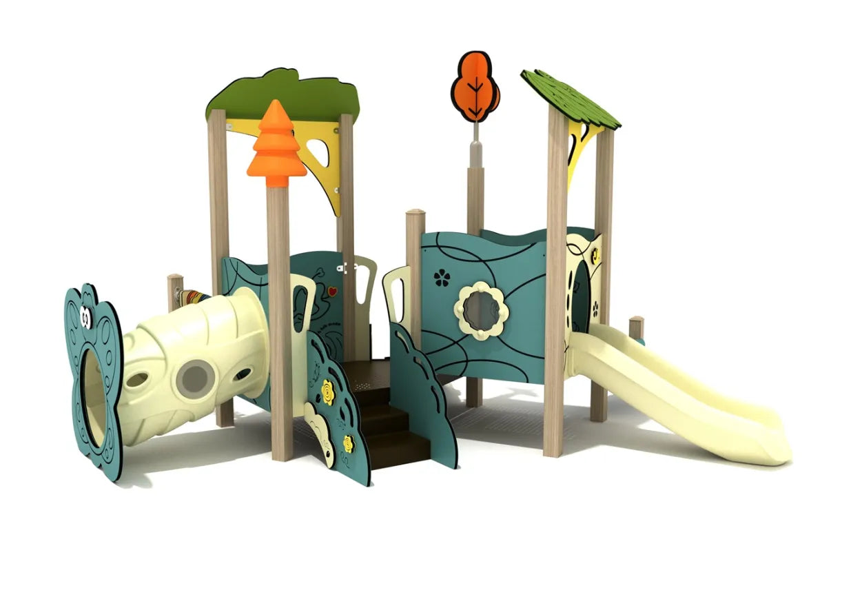 Front angle of the Indigo Canopy Mini Play Structure showing leaf canopies, crawl tunnel, small slide, steps, and activity panels for toddlers