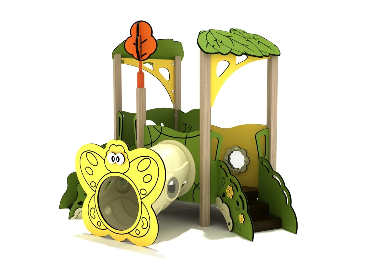 Crimson Queen Canopy Mini Play Structure front view with butterfly crawl tunnel, leaf canopies, steps, and flower mirror panel