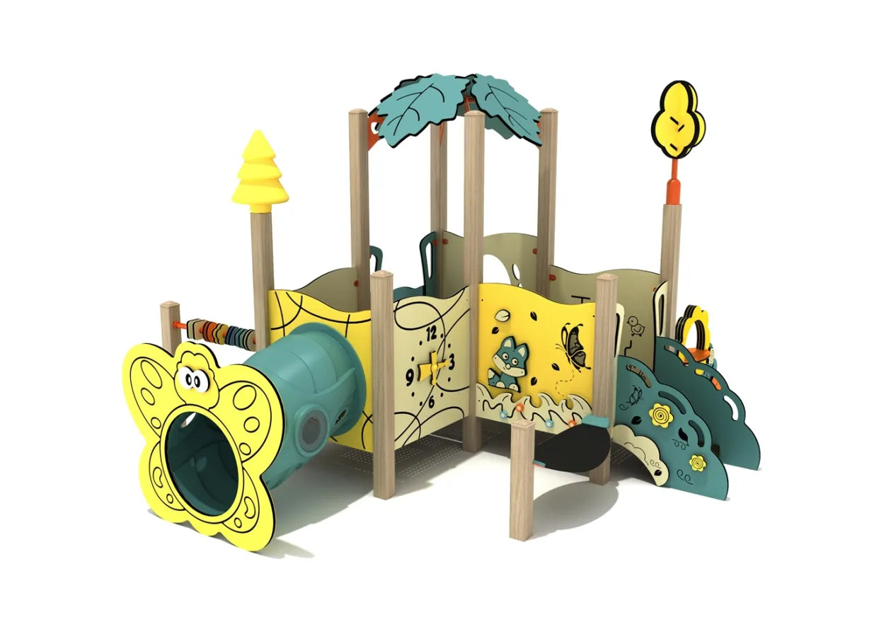 Toddler play structure with yellow butterfly tunnel, leaf canopy, interactive nature-themed panels, and crawl spaces