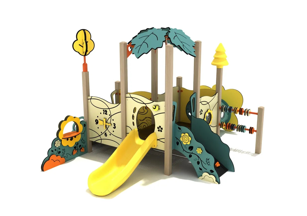 Yoshino Cherry Canopy Mini Play Structure with yellow slide, nature-themed panels, interactive gears, clocks, and abacus for toddlers