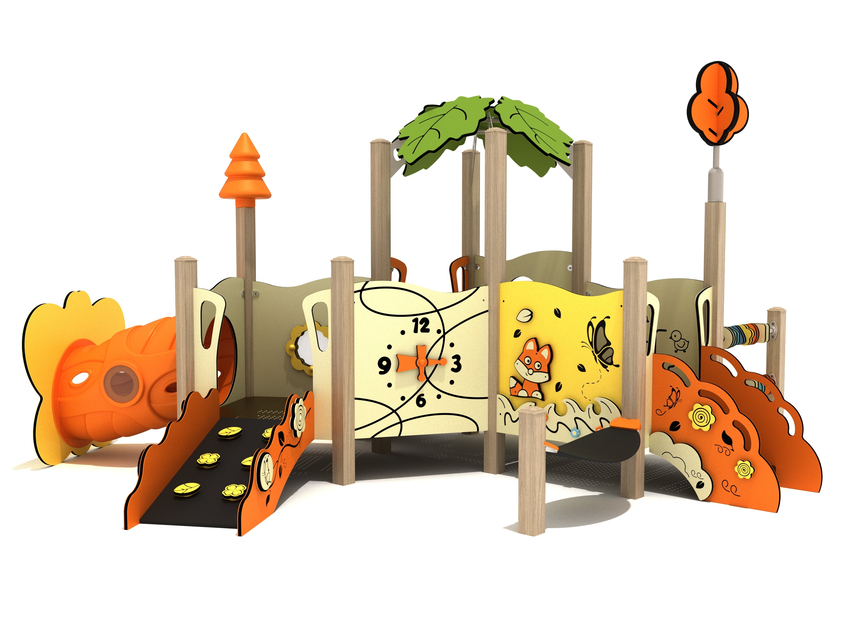 Front view of Dogwood Canopy Mini Play Structure featuring clock activity panel, gentle climbing ramps, orange crawl tunnel, and leafy canopy accents