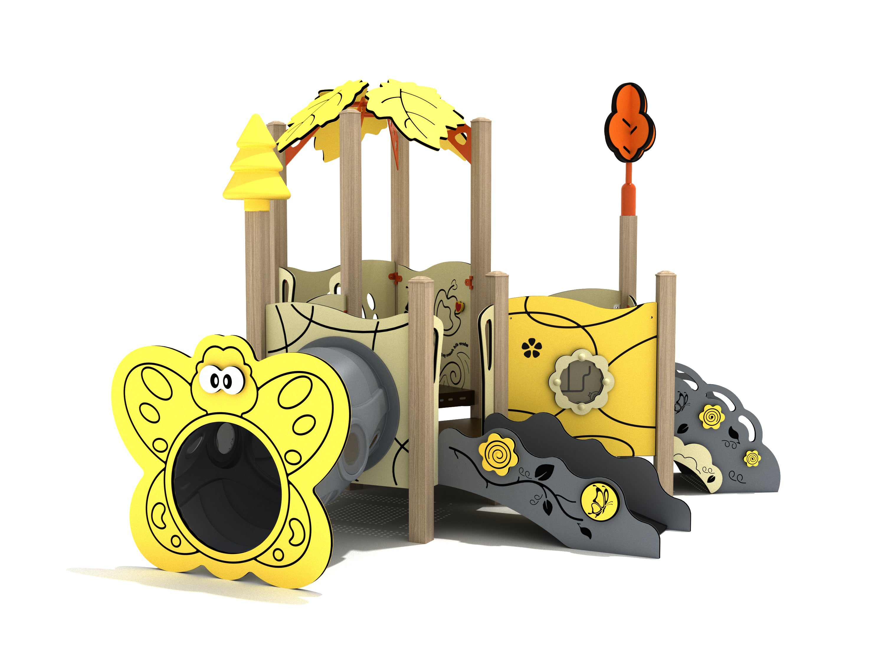 Front view of the Huckleberry Canopy Mini Play Structure featuring a butterfly-shaped crawl tunnel, flower panels, and wood-look posts in a yellow and gray nature theme