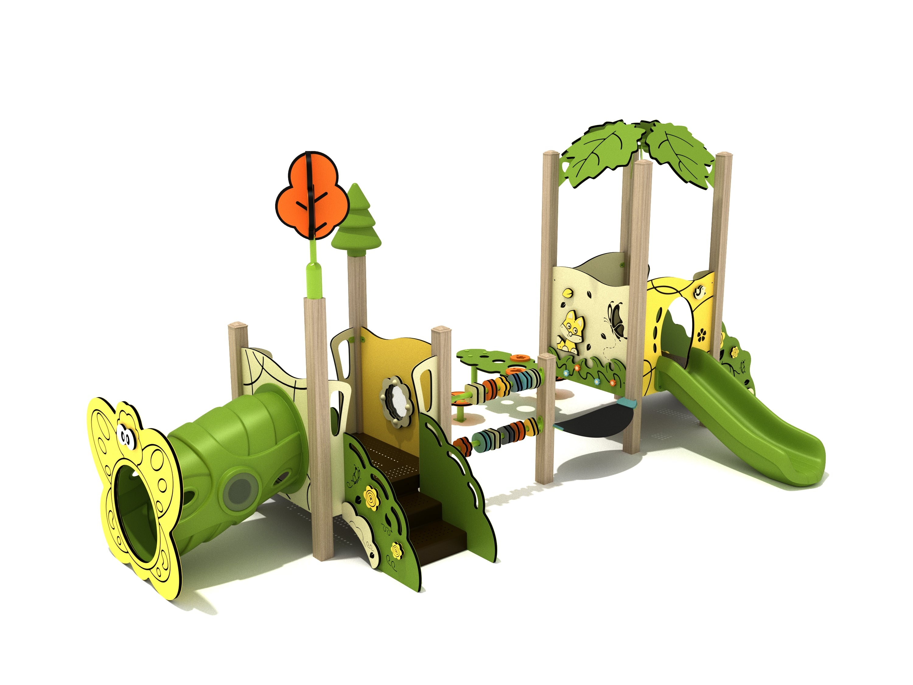 Rosemary Canopy Mini Play Structure with green toddler slide, butterfly crawl tunnel, abacus-style panel and leafy canopy, perspective view