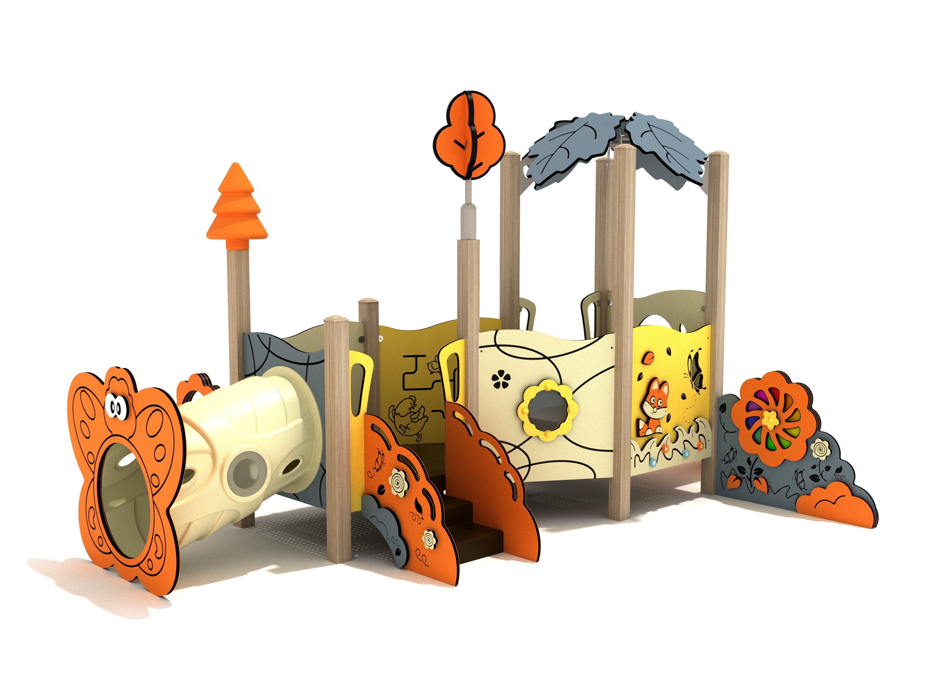 Front view of the Peony Canopy Mini Play Structure with butterfly crawl tunnel, activity panels, and leaf canopy accents