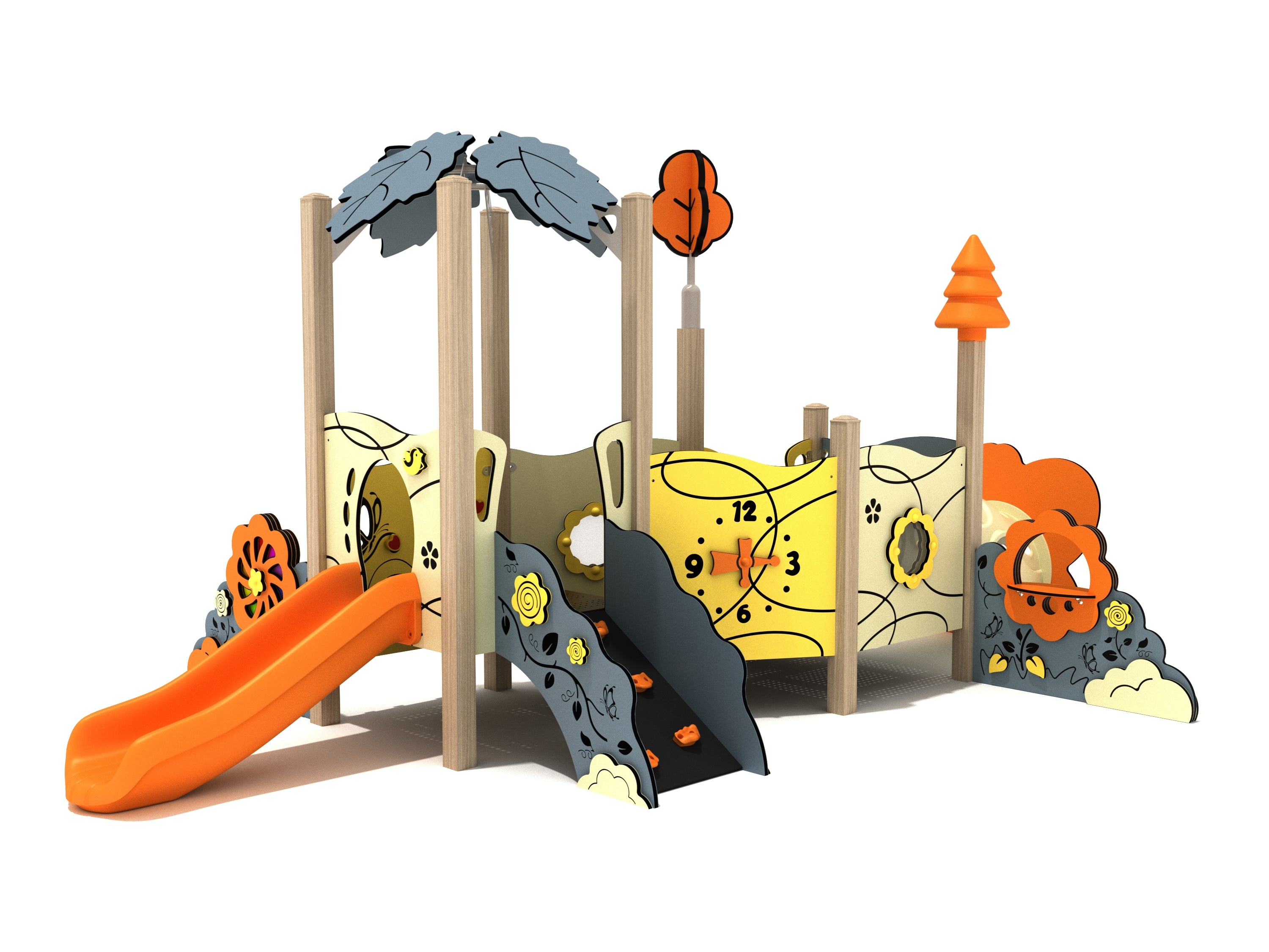 Angle view of the toddler play structure highlighting the orange slide, clock activity panel, and climber under leaf canopies