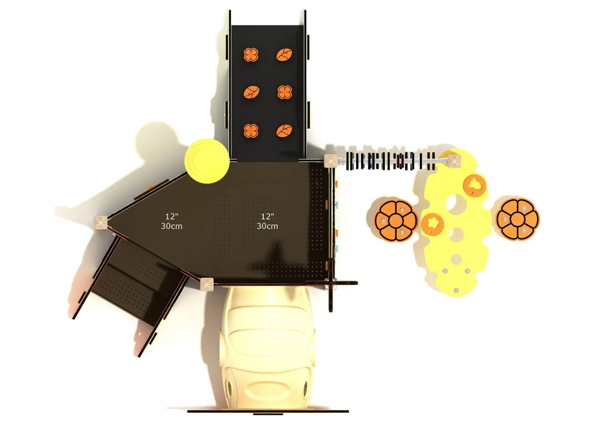 Top-down layout of the Crape Myrtle Canopy Mini Play Structure showing 12-inch platforms, ramp, tunnel entrance, abacus rail, and flower seats/table