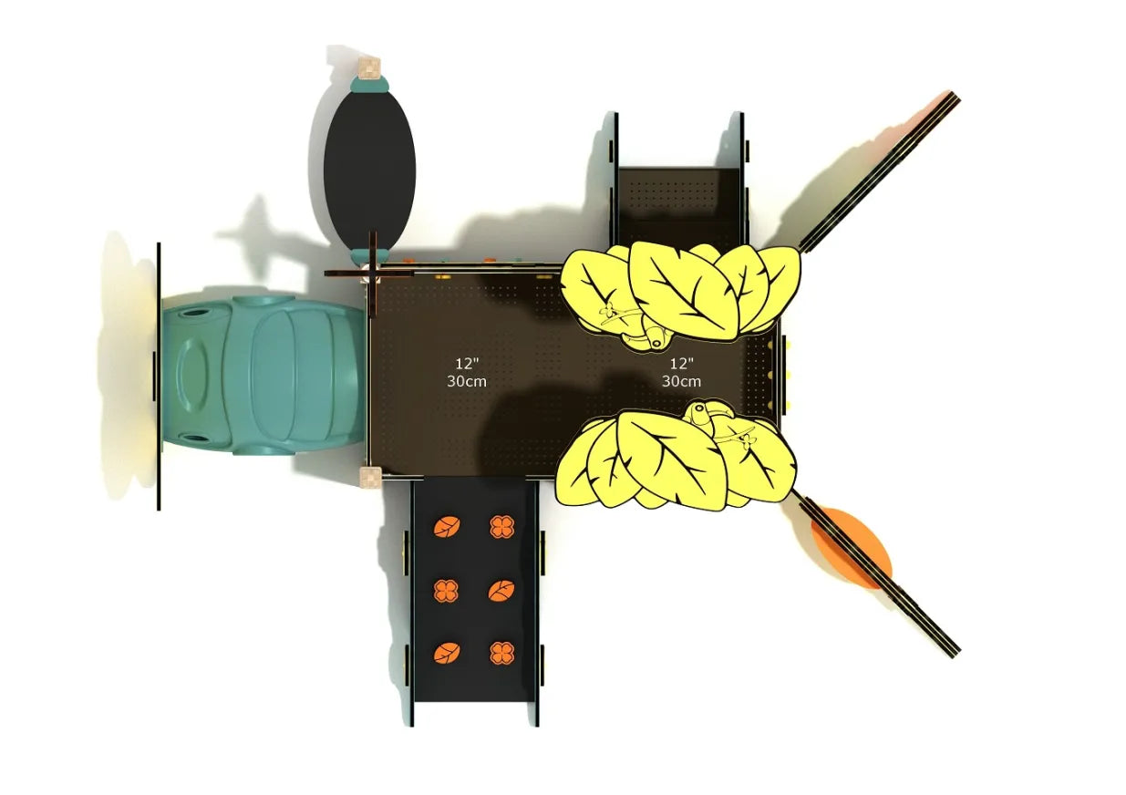 Top-down view of the play structure layout with twin 12-inch (30 cm) deck platforms, leaf canopy, ramp, and tunnel placement