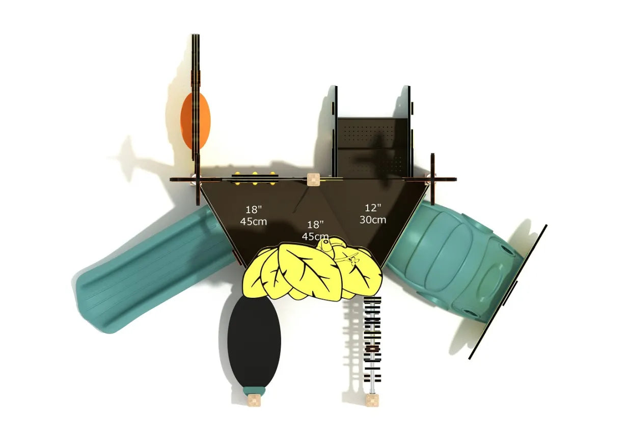 Overhead layout of the English Hawthorn Canopy Mini Play Structure showing slide and crawl tunnel placement with deck heights labeled 12 in and 18 in