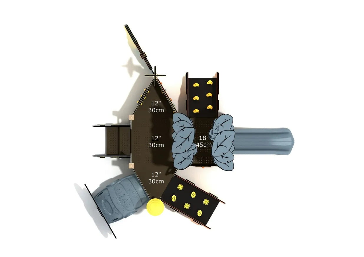Top-down view of Japanese Snowbell Canopy Mini Play Structure showing platform layout, slide exit, and labeled deck heights (12 in, 18 in).