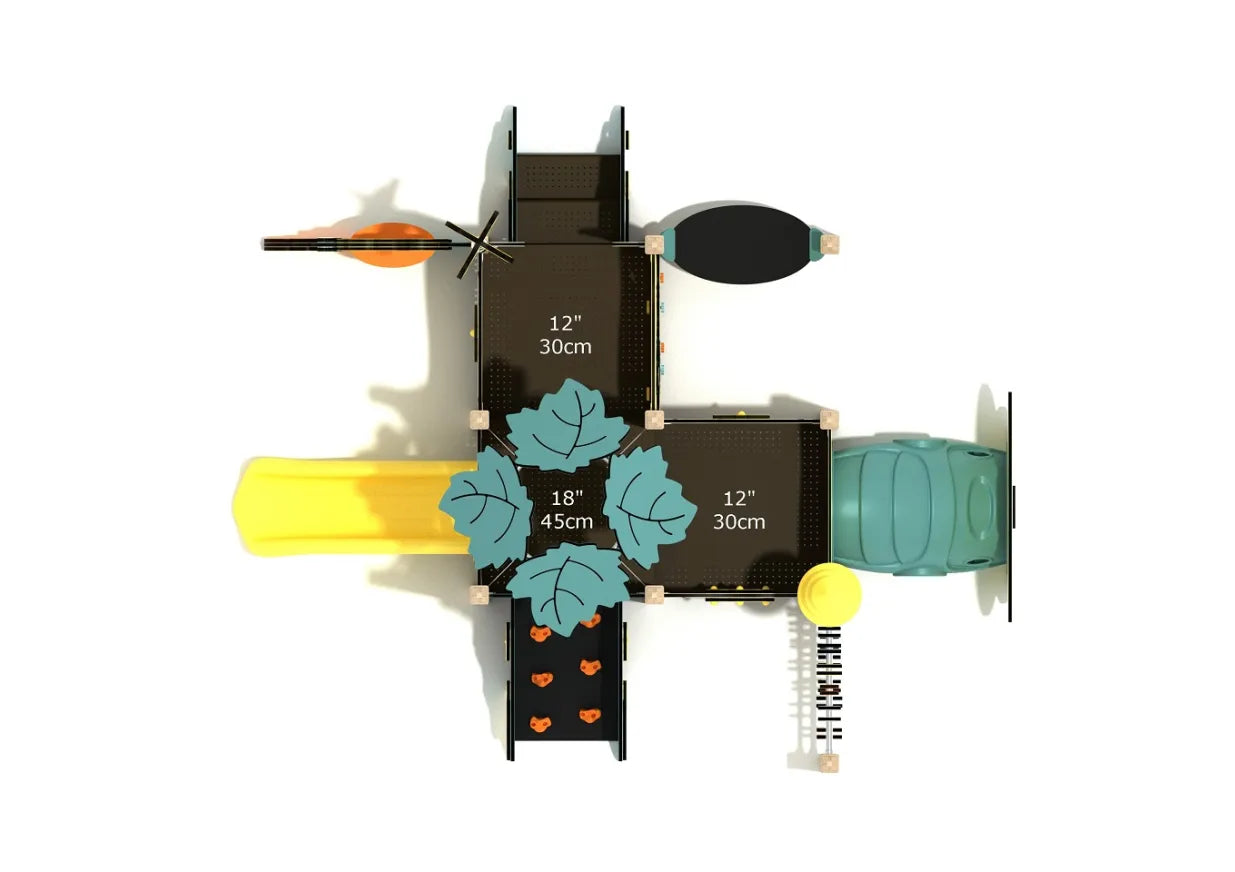 Overhead view of toddler play structure with yellow slide, climbing wall, leaf-shaped canopy, and interactive panels
