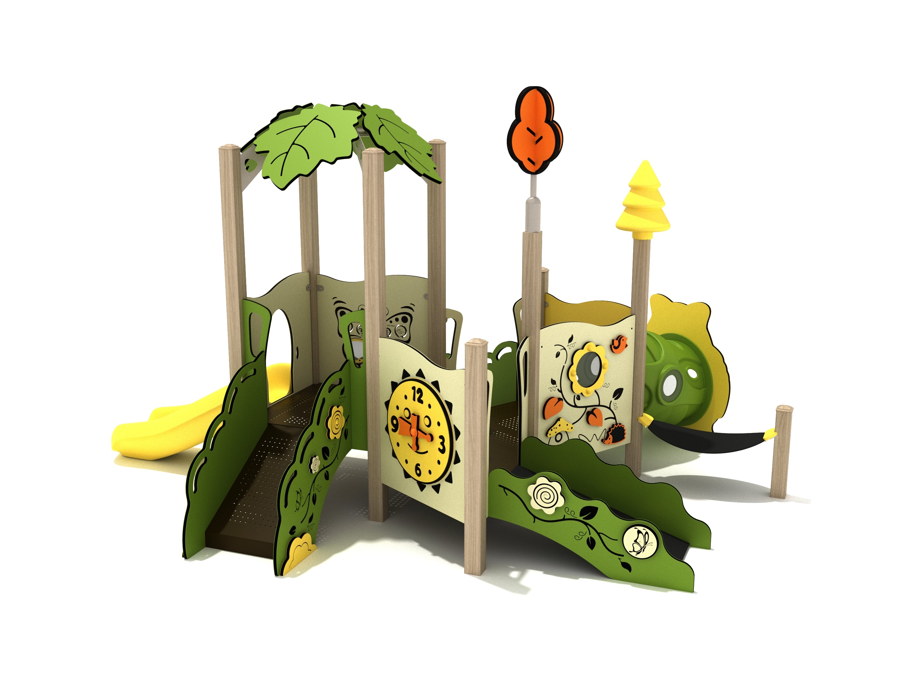 Forsythia Canopy Mini Play Structure angled view with leaf canopy roof, yellow toddler slide, activity panels, crawl tube and hammock accents