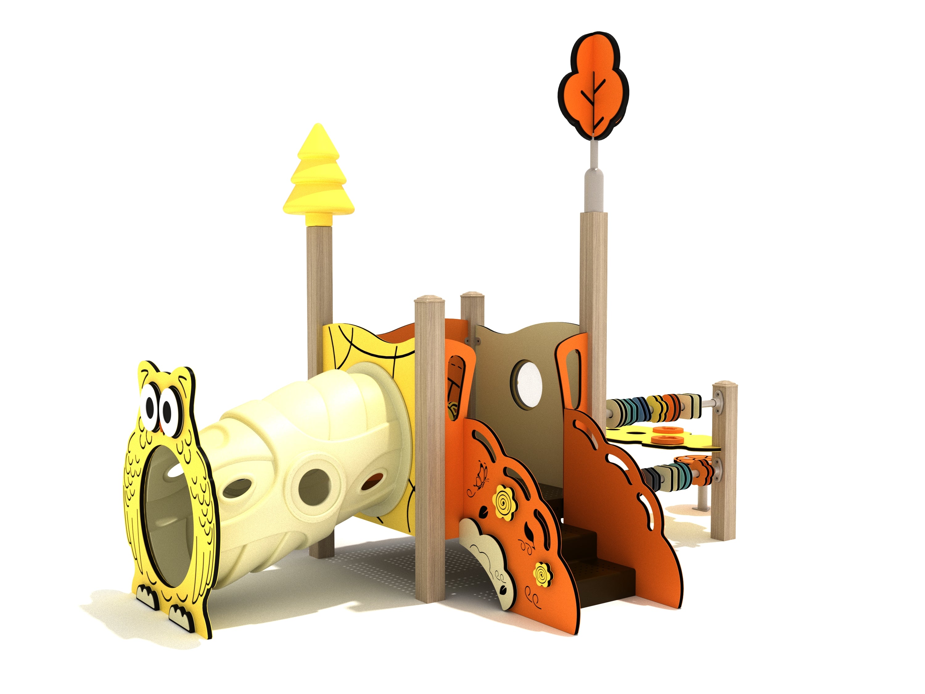 Front angled view of the Siberian Cypress Canopy Mini Play Structure with owl-faced crawl tunnel, steps, abacus, and tree toppers