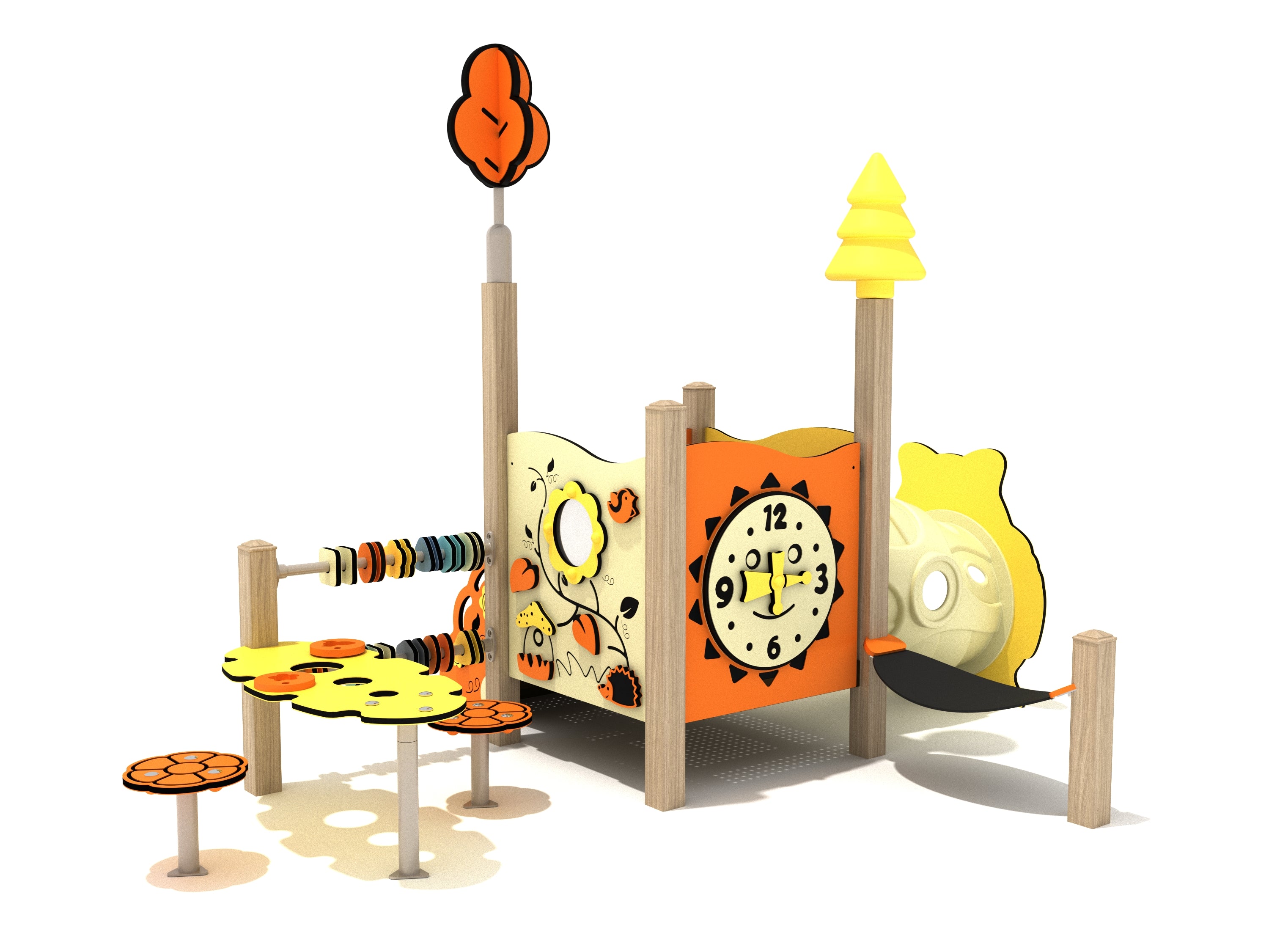 Rear angled view showing activity panels with clock, abacus beads, hammock, and the tunnel entrance of the toddler play structure