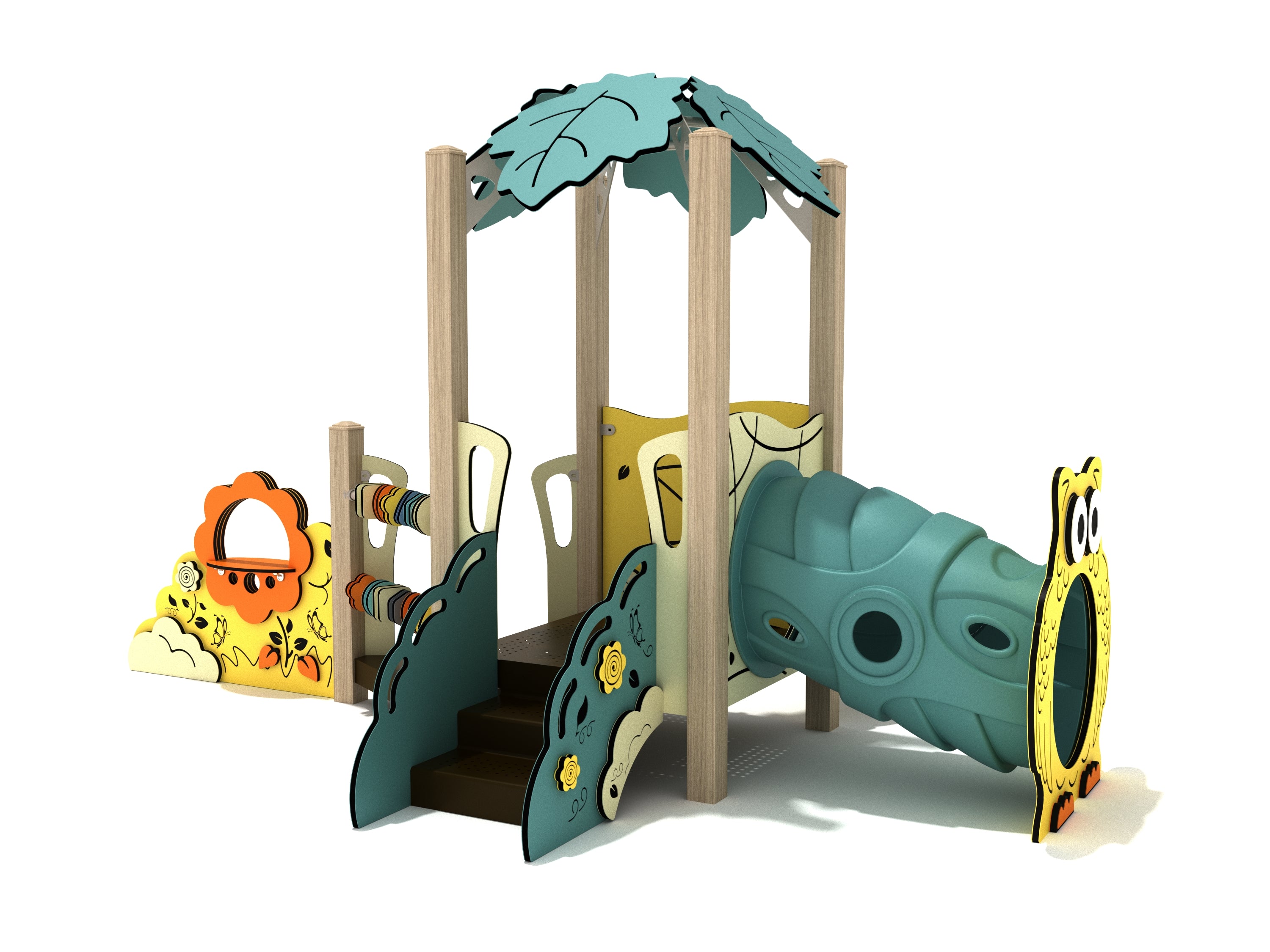 Banana Shrub Canopy Mini Play Structure with leaf canopy, teal crawl tunnel with owl face entrance, stairs, abacus sliders, and flower-themed panels, front angle view