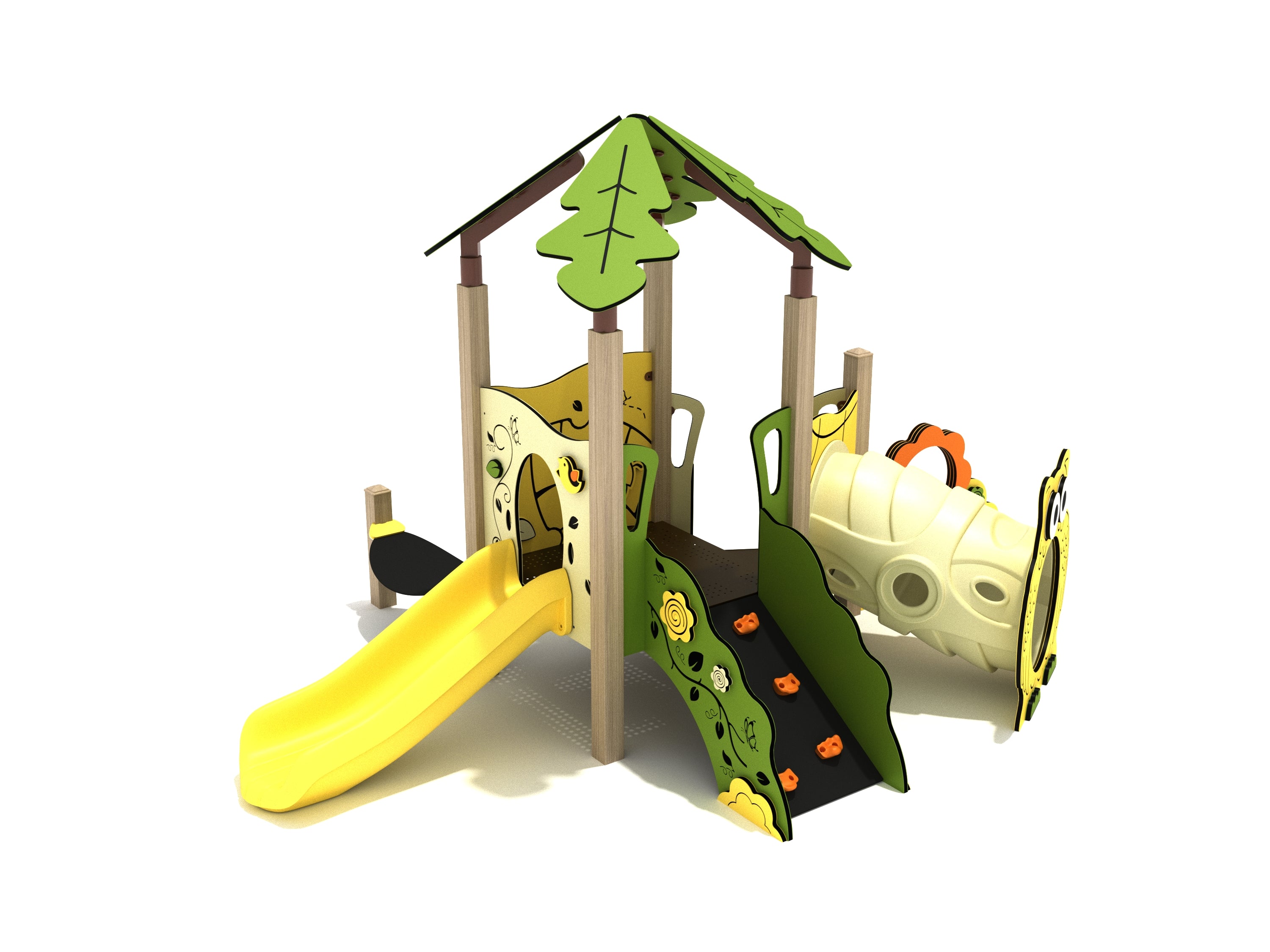 Mesquite Canopy Mini Play Structure with green leaf canopy, yellow slide, vine handhold climber, and tot tube tunnel, front angle view