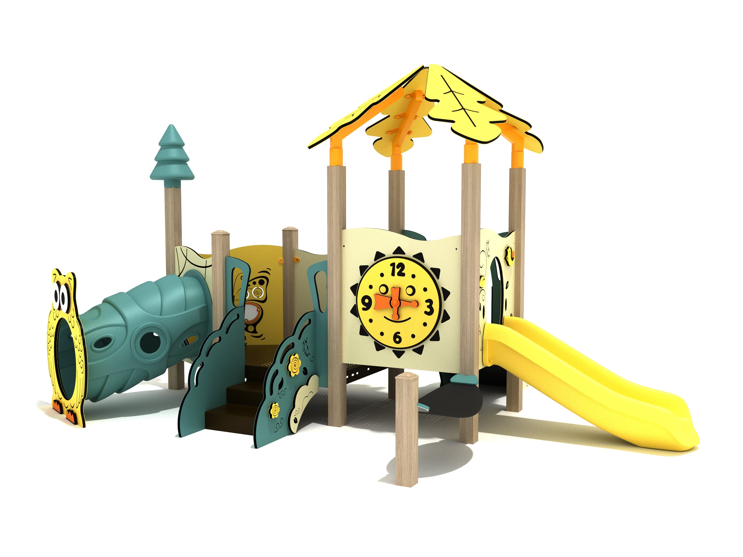 Hibiscus Canopy Mini Play Structure with yellow slide, green crawl tunnel, nature-themed panels, and leaf-shaped canopy for toddler play