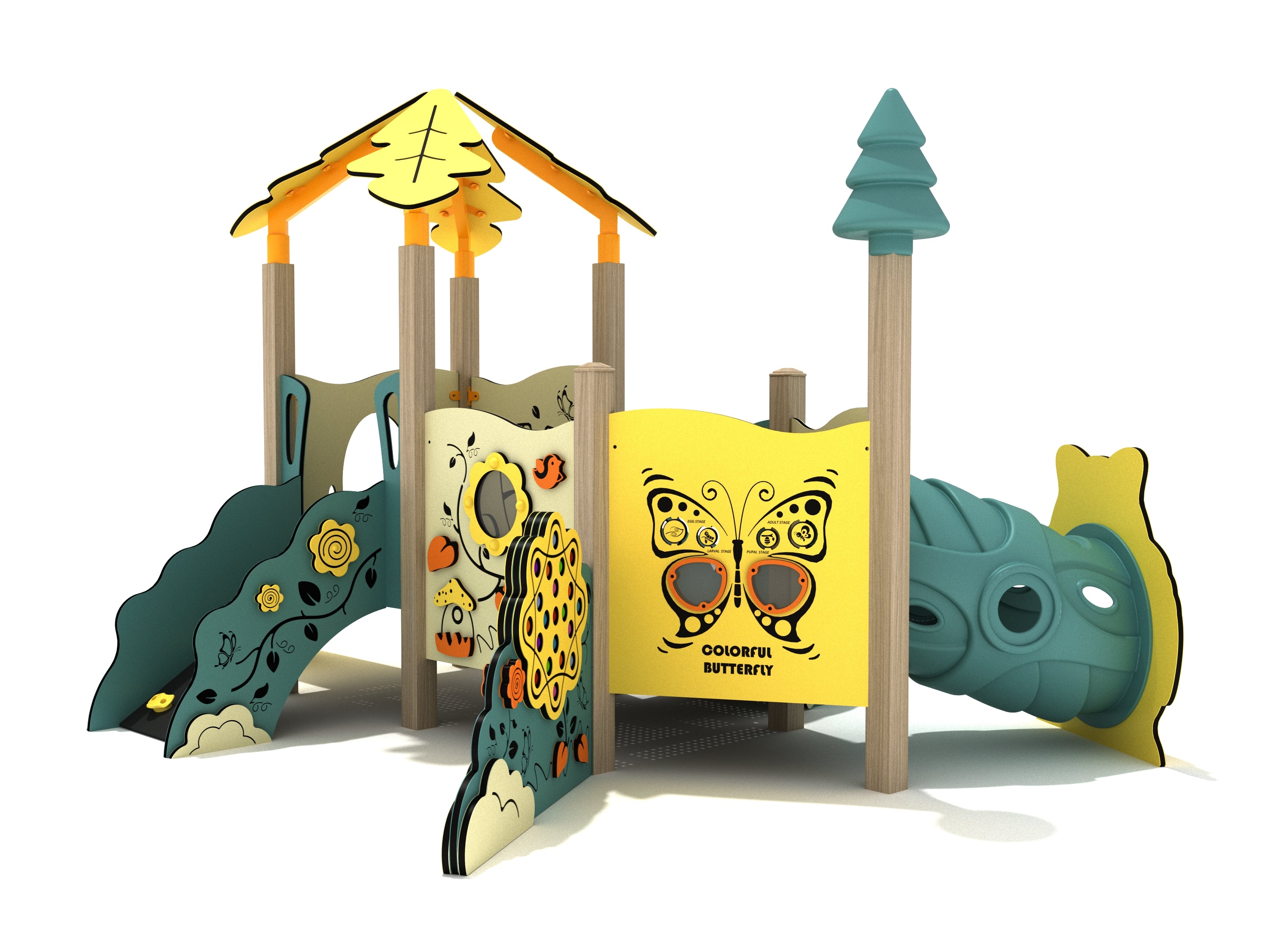 Toddler play structure with colorful nature-themed panels, canopy roof, crawl tunnel, and gentle slide for early exploration