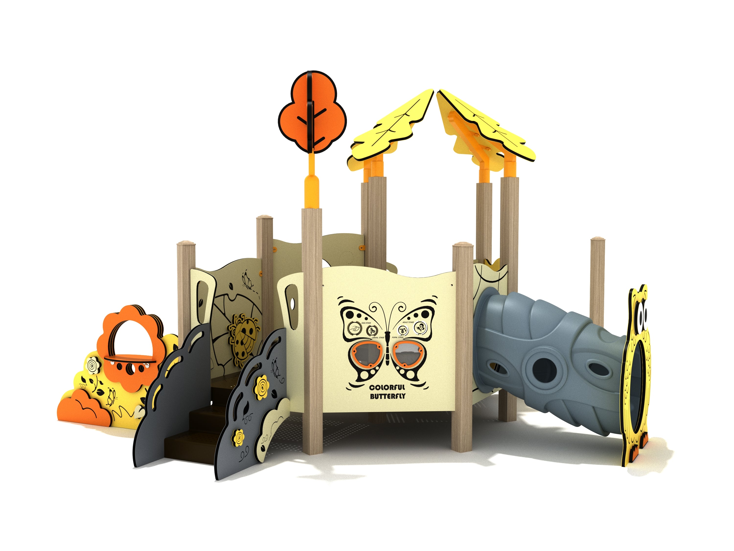 Front view of Apache Plume Canopy Mini Play Structure with oak leaf roof, butterfly panel, crawl tube, and yellow-orange accents for toddlers