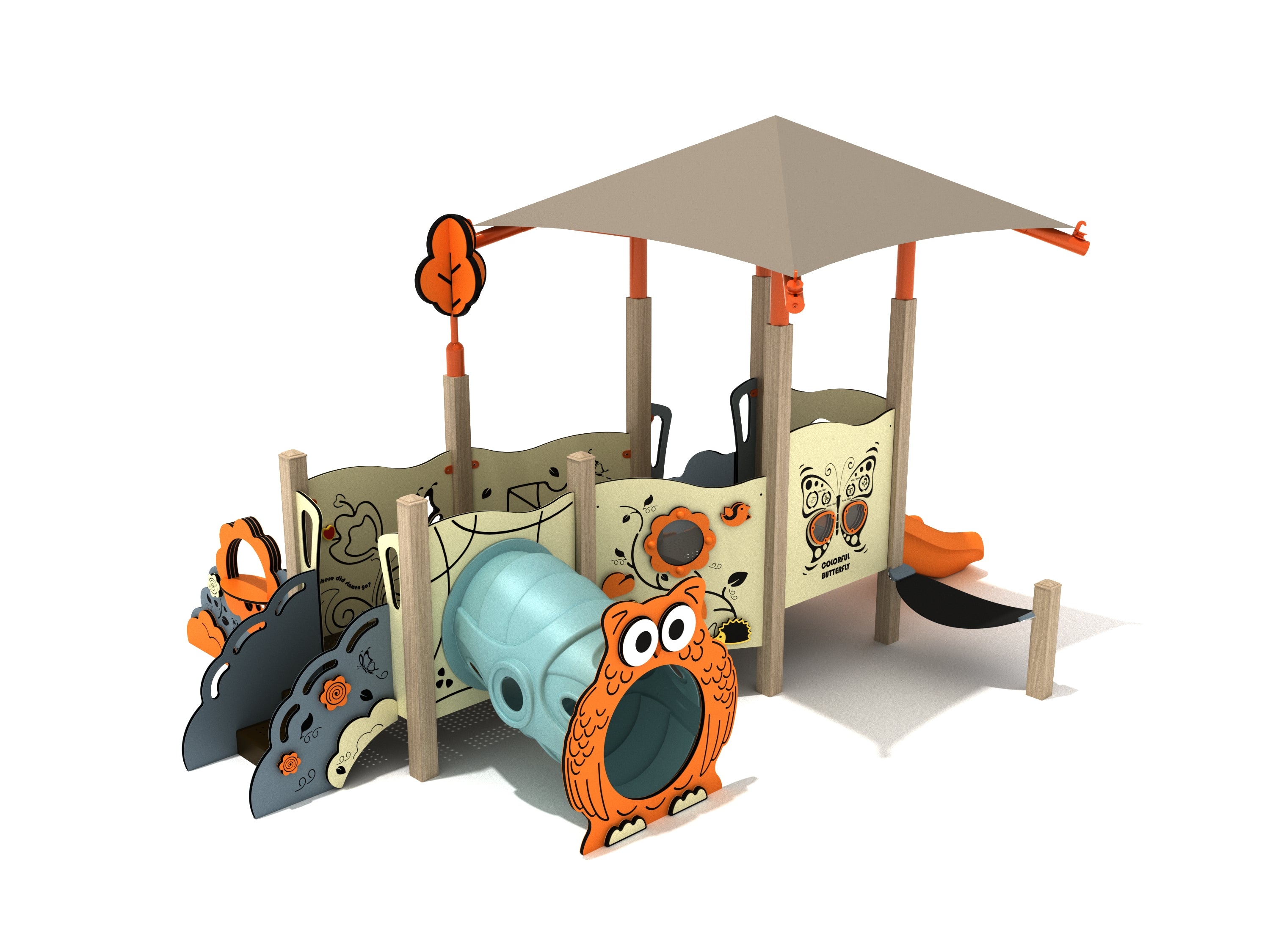 Front view of the Fuchsia Canopy Mini Play Structure with canopy roof, owl crawl tunnel, sensory panels, and toddler slide
