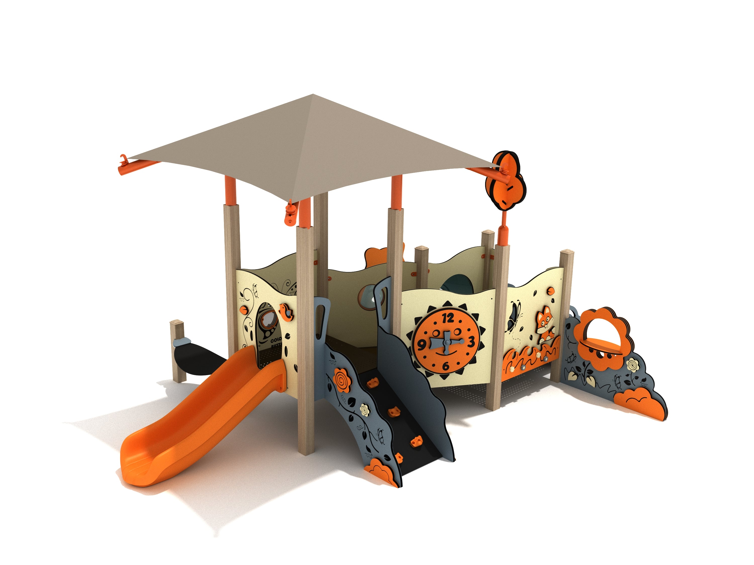 Rear angle showing orange slide, small climber, clock panel, and shaded canopy on the Fuchsia Canopy Mini Play Structure