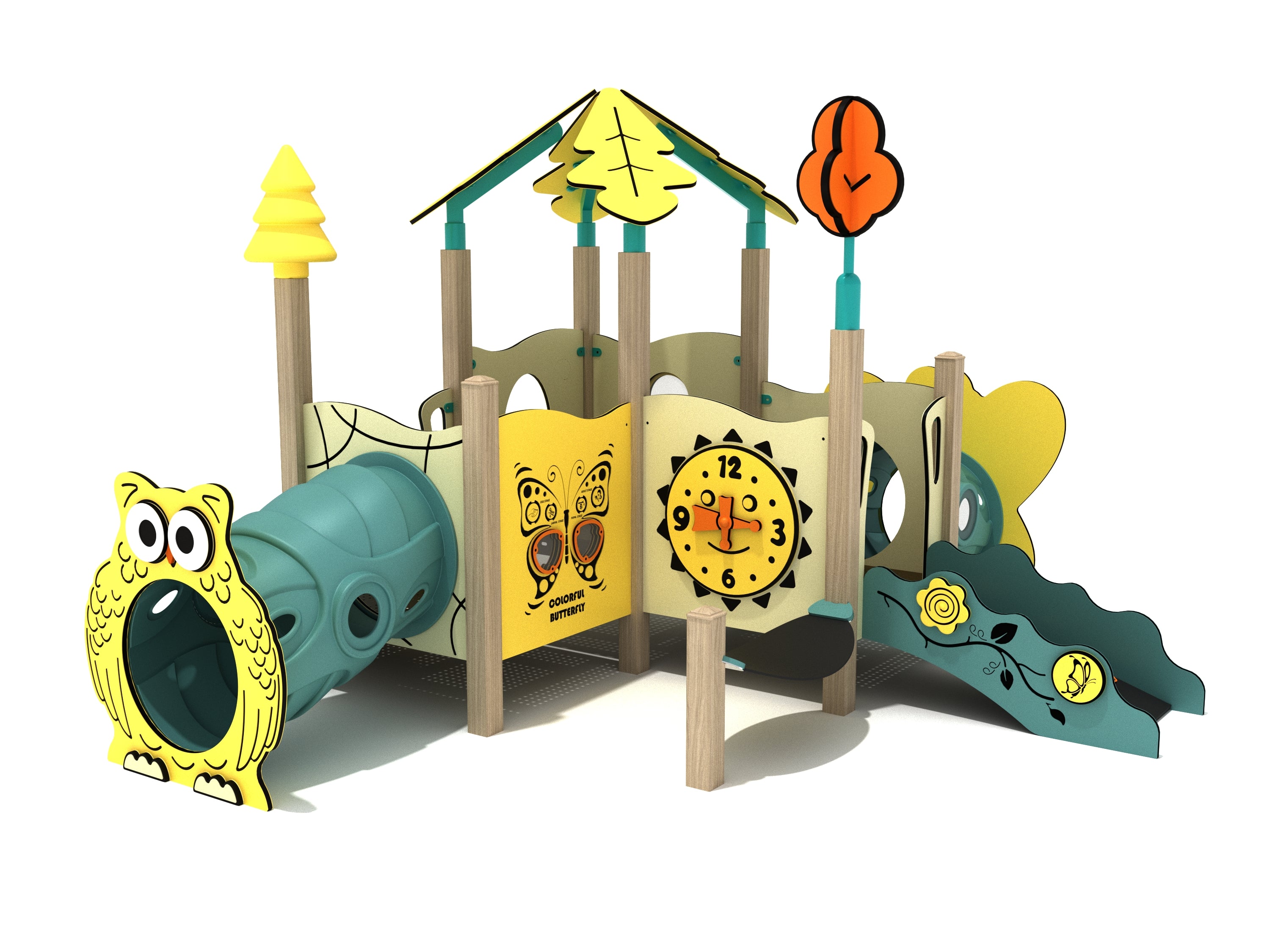 Sage Canopy Mini Play Structure with owl-faced crawl tunnel, clock panel, leaf canopy and wavy ramp, front angle view
