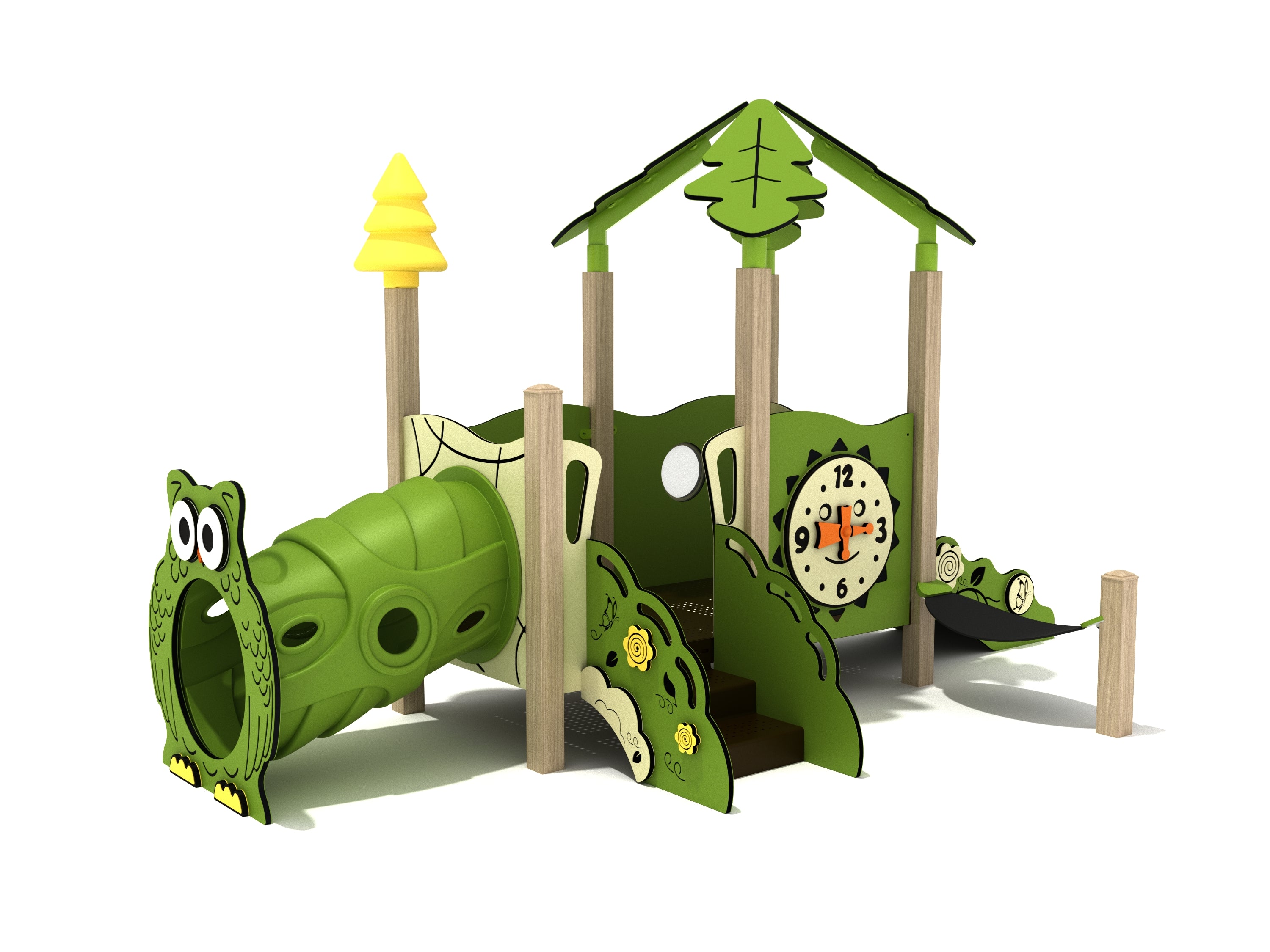 Front angled view of the Heather Canopy Mini Play Structure with green forest theme, owl crawl-through tube, steps, clock panel, and leaf canopy roof.