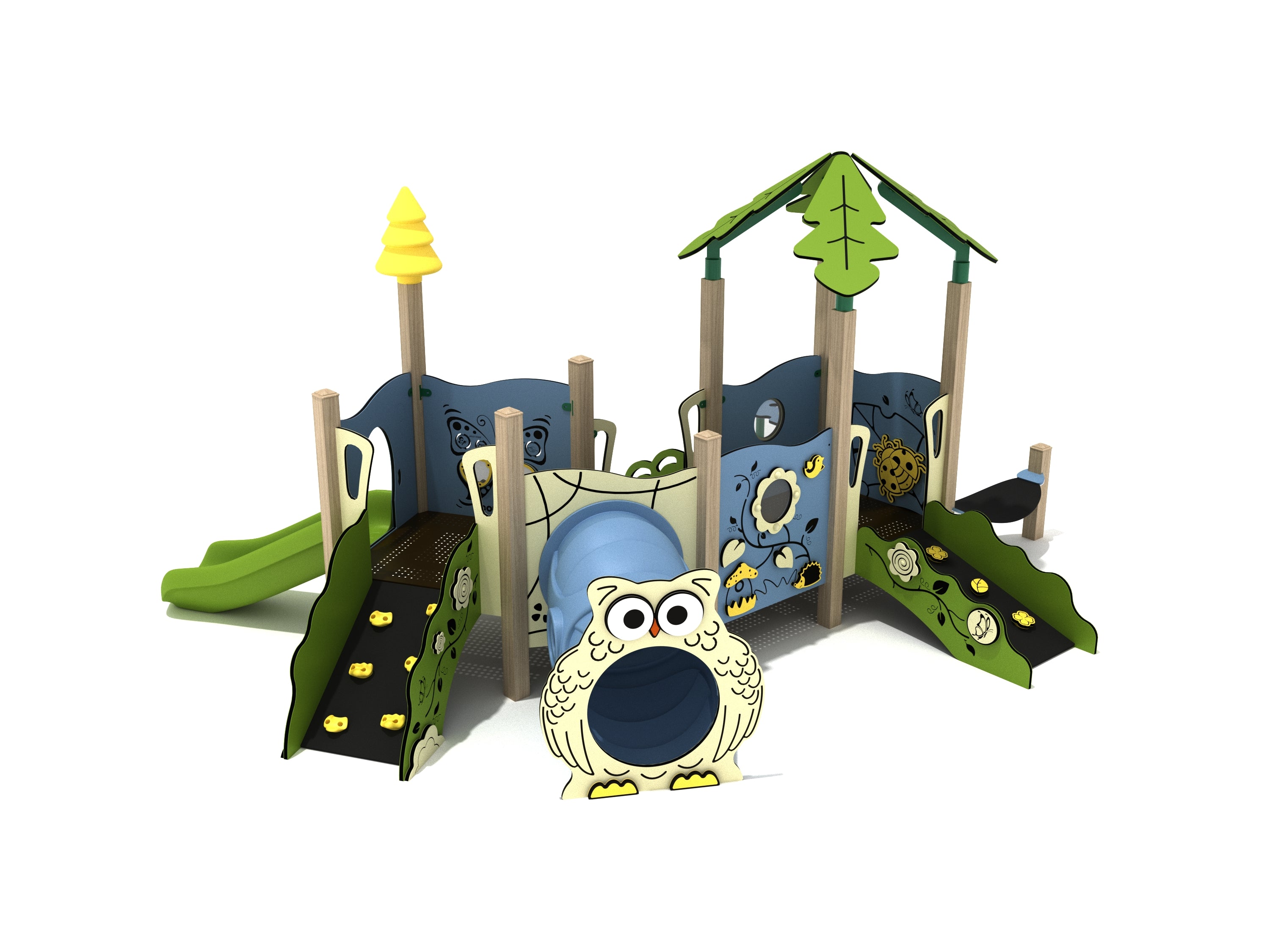 Perspective render of the Barberry Canopy Mini Play Structure—nature-themed toddler playhouse with owl-faced crawl tunnel, leaf canopy roof, ramps, activity panels, and green slide.