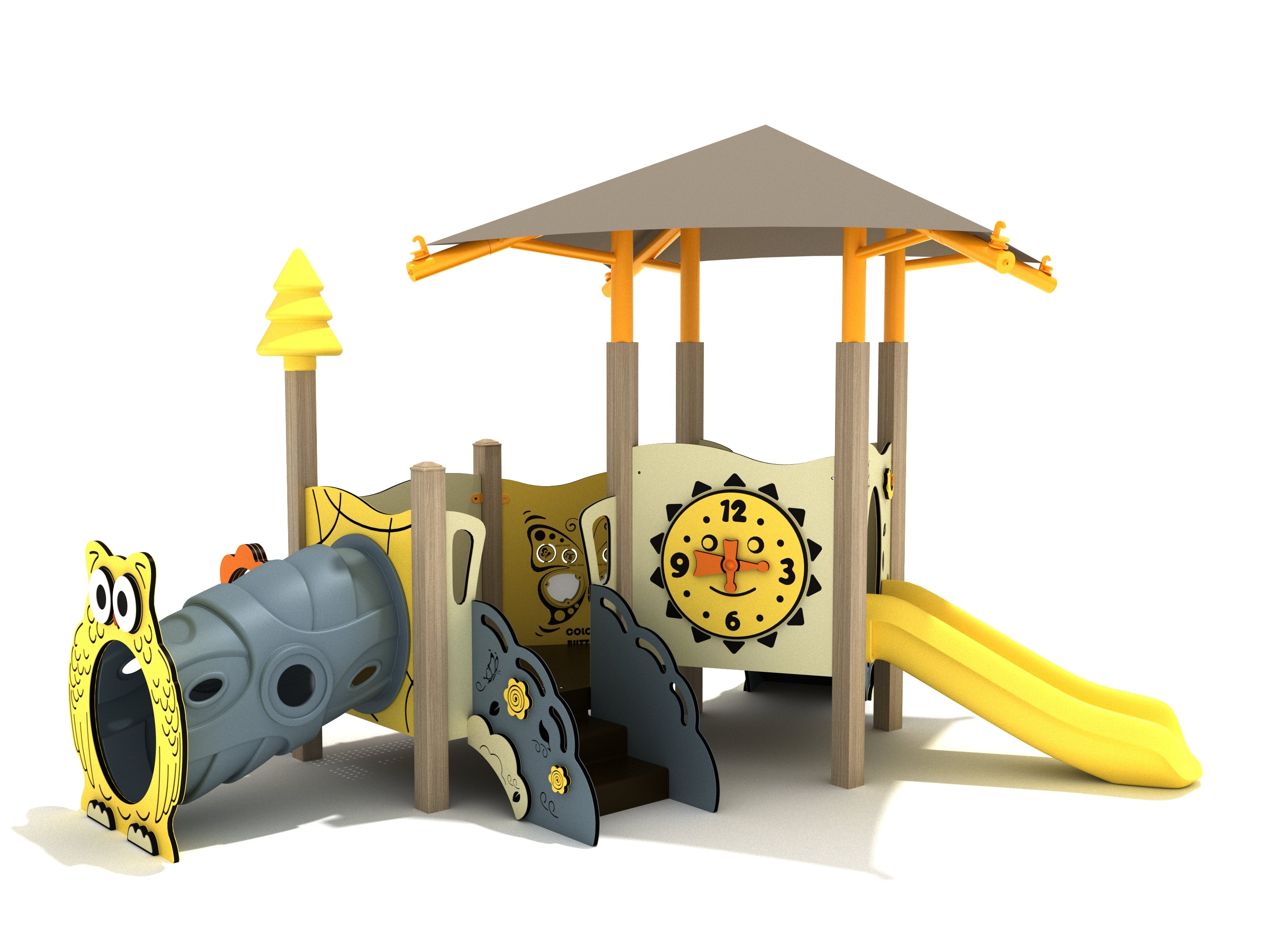 Periwinkle Canopy Mini Play Structure with square canopy, owl-themed crawl tunnel, clock activity panel, and yellow toddler slide