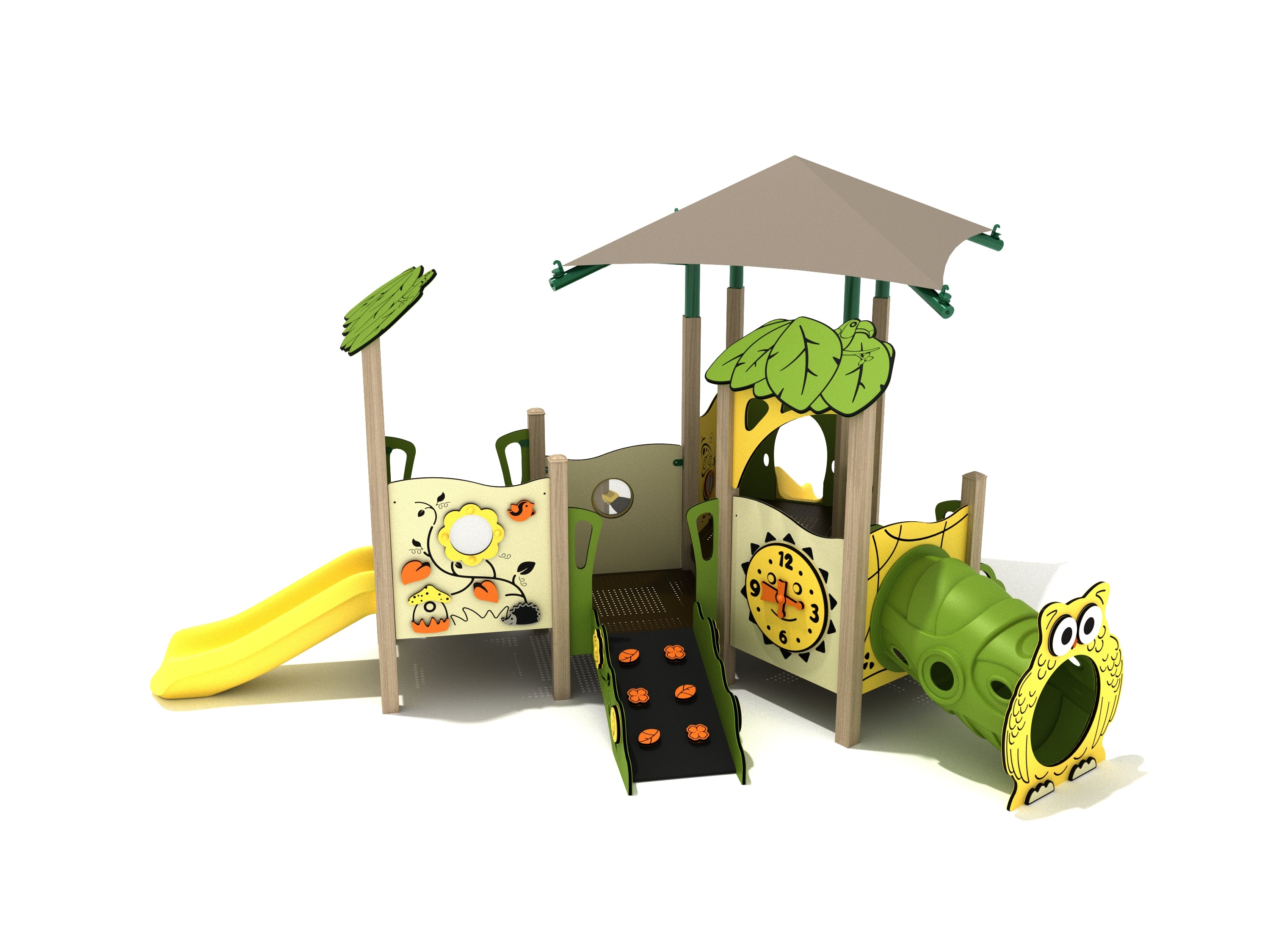 Front view of the Holly Canopy Mini Play Structure with canopy roof, clock panel, owl-faced crawl tube, ramp climber, and yellow slide
