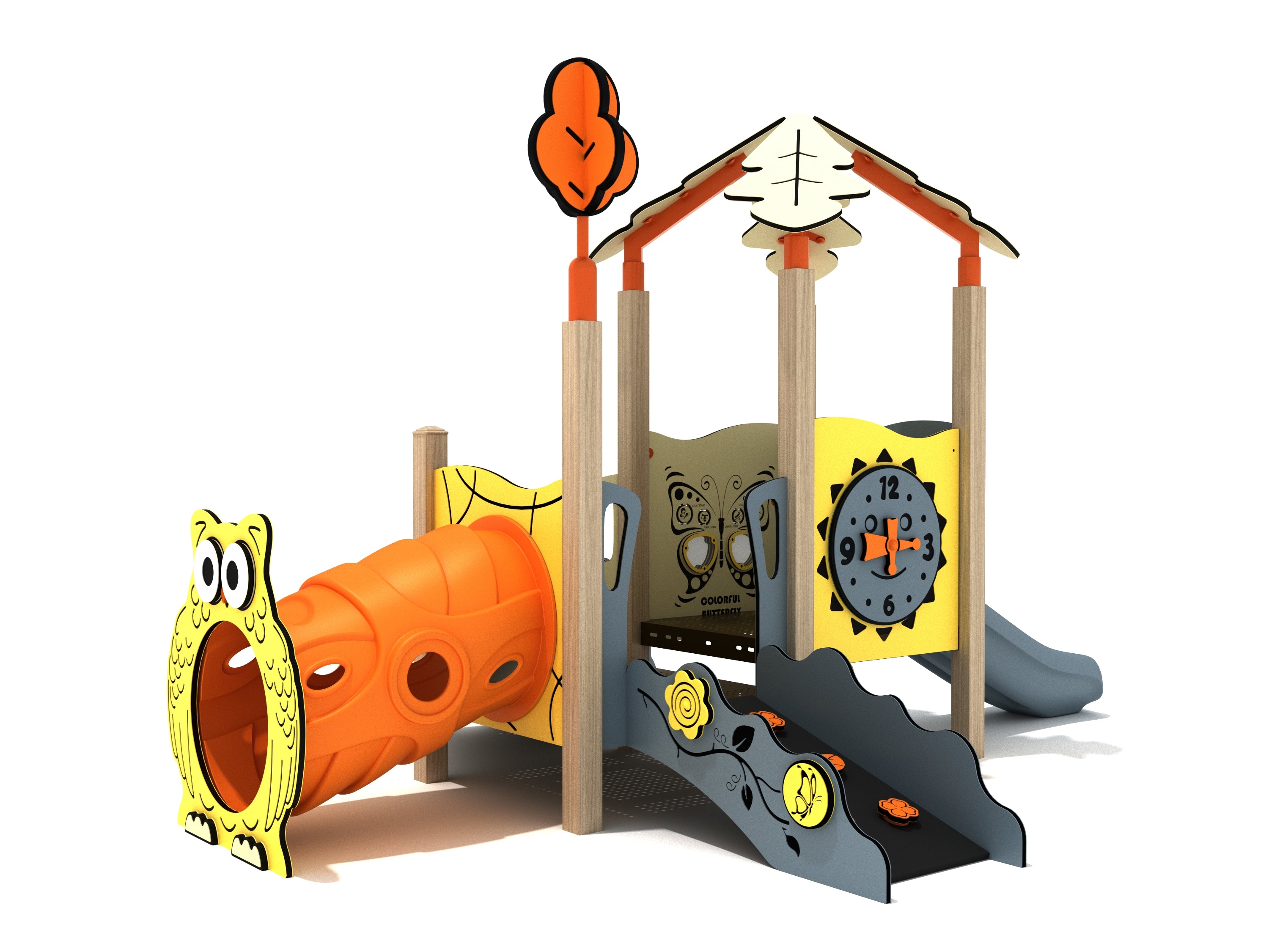 Thyme Canopy Mini Play Structure showing owl-faced crawl tunnel, sun clock panel, ramp, and leafy canopy
