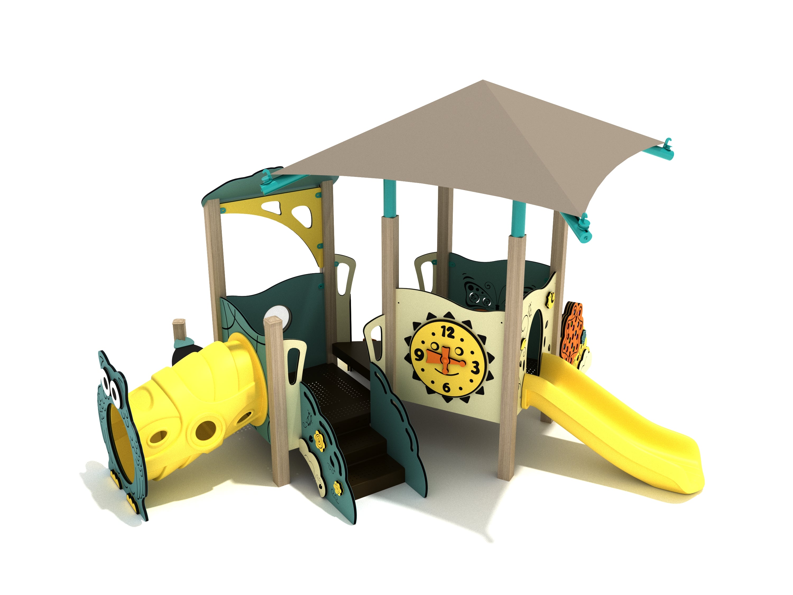 Oleander Canopy Mini Play Structure with square canopy shade, yellow slide, owl-faced crawl tunnel, and sun clock activity panel, front angled view