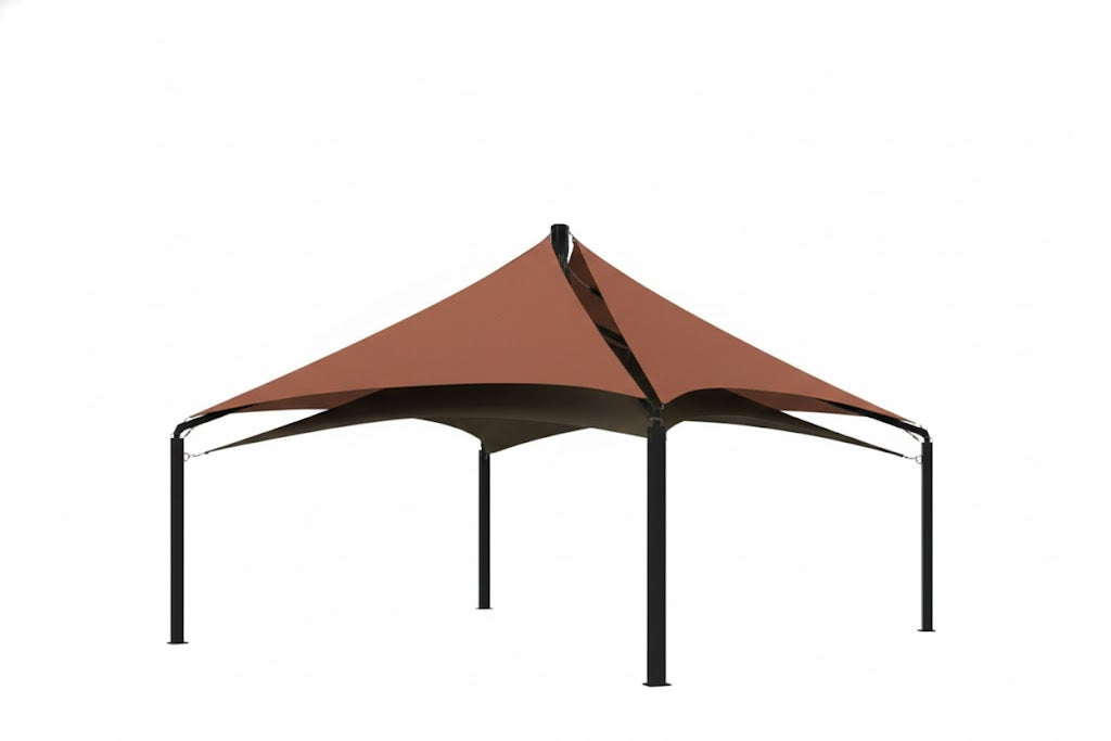 Mariner Pyramid Shade Structure with overlapping rust and taupe fabric layers supported by four black posts over outdoor picnic tables