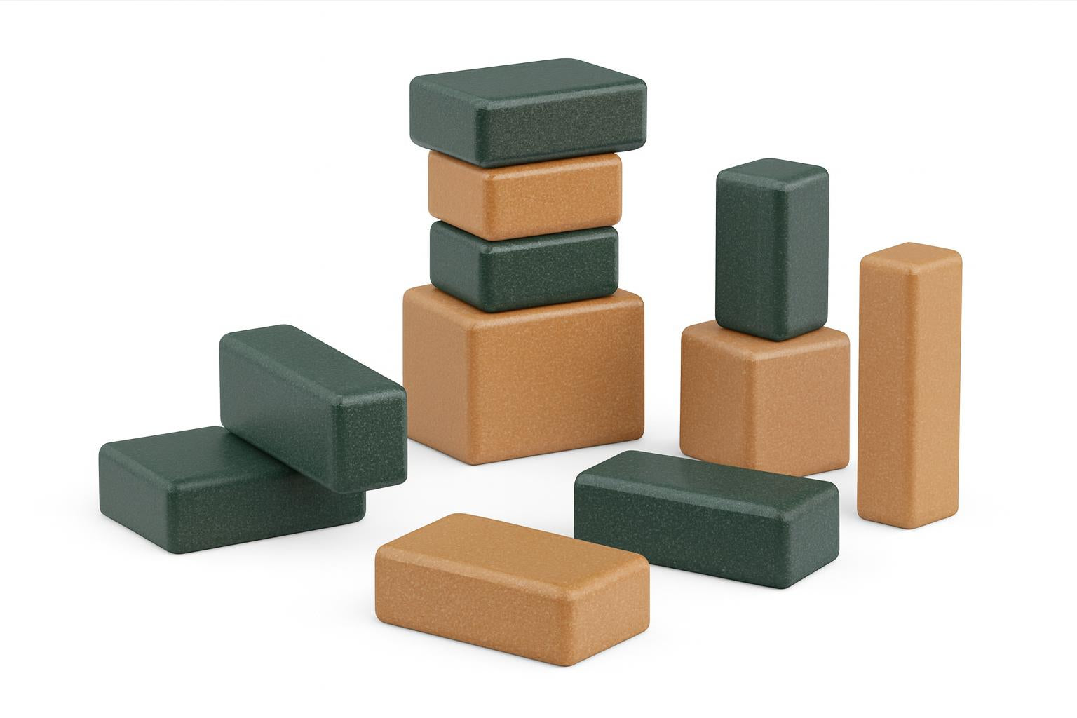 Eco Blocks durable green and brown recycled plastic building blocks in various shapes stacked and scattered on grass for creative play