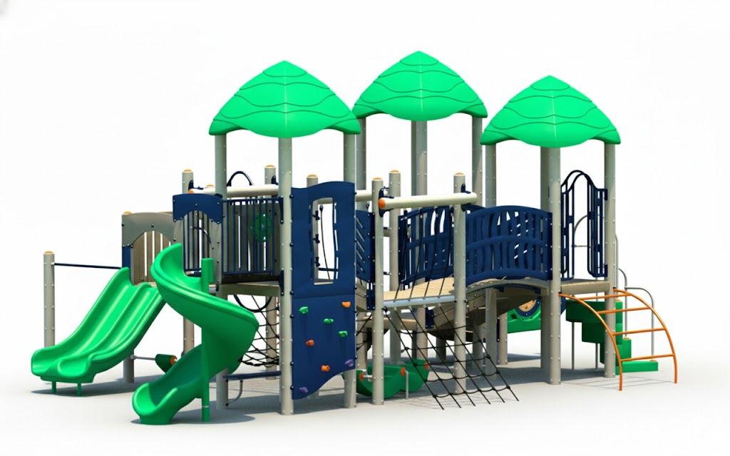 Canopy Play System with green duo and spiral slides, blue climbing panels, rope nets, and leaf-shaped canopies on colorful playground structure
