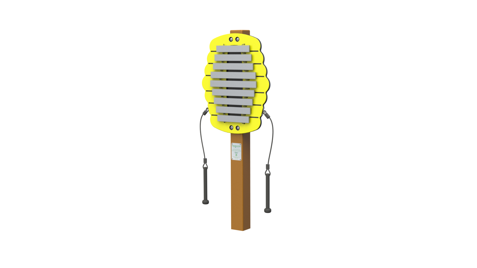 Harmony Hive metallophone on in-ground post with yellow beehive panel and attached mallets
