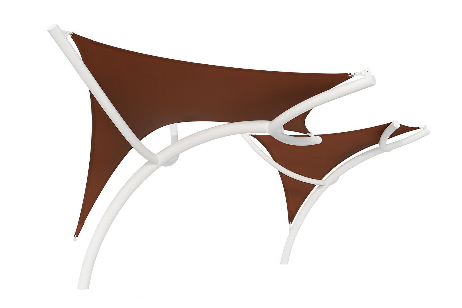 Pegasus Shade Structure with modern red fabric canopies and white curved metal frame over picnic tables in urban park setting