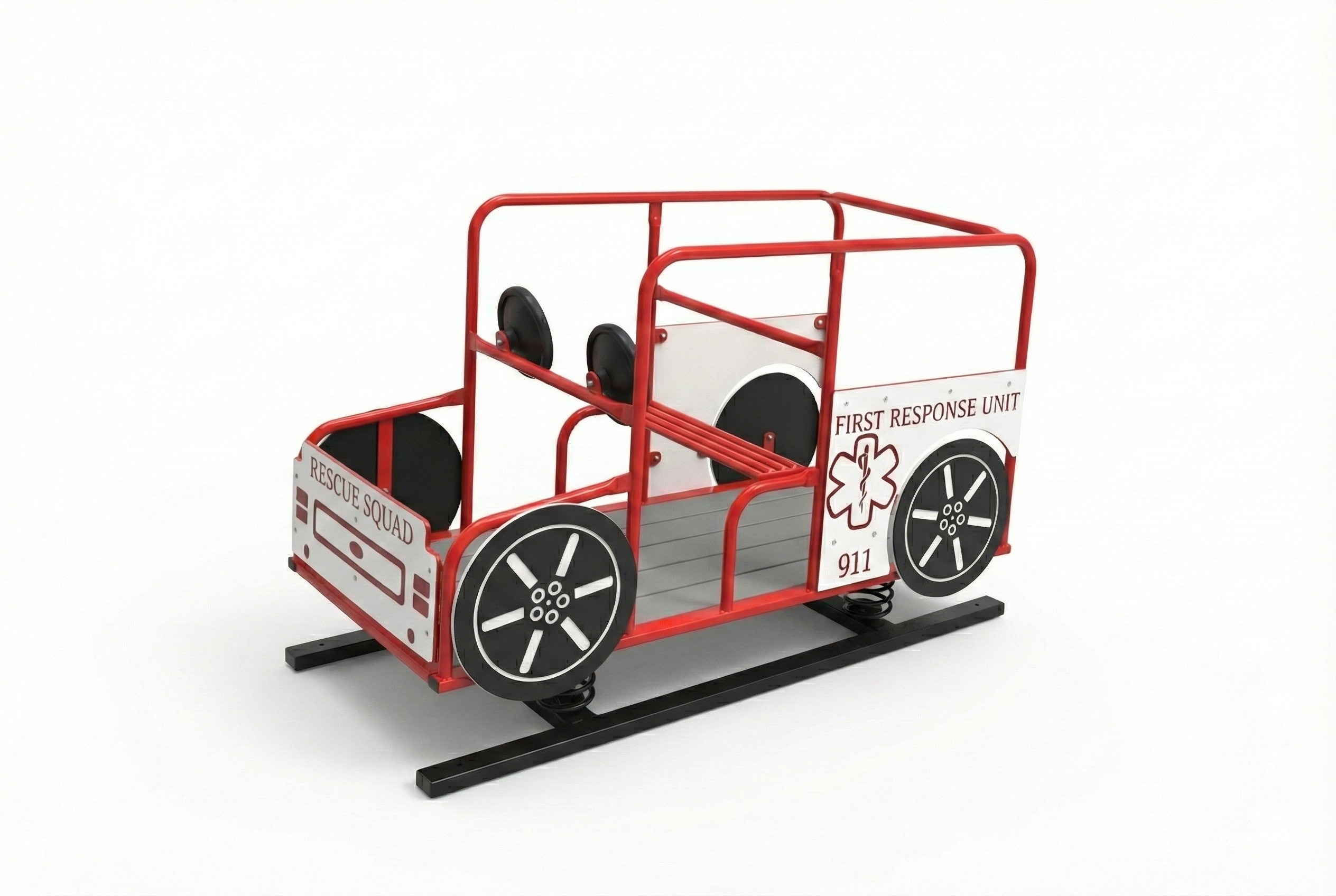 Rescue Truck Multi Passenger Spring Rider with red frame, black wheels, multiple steering wheels, gray seats, children playing outdoors on grass
