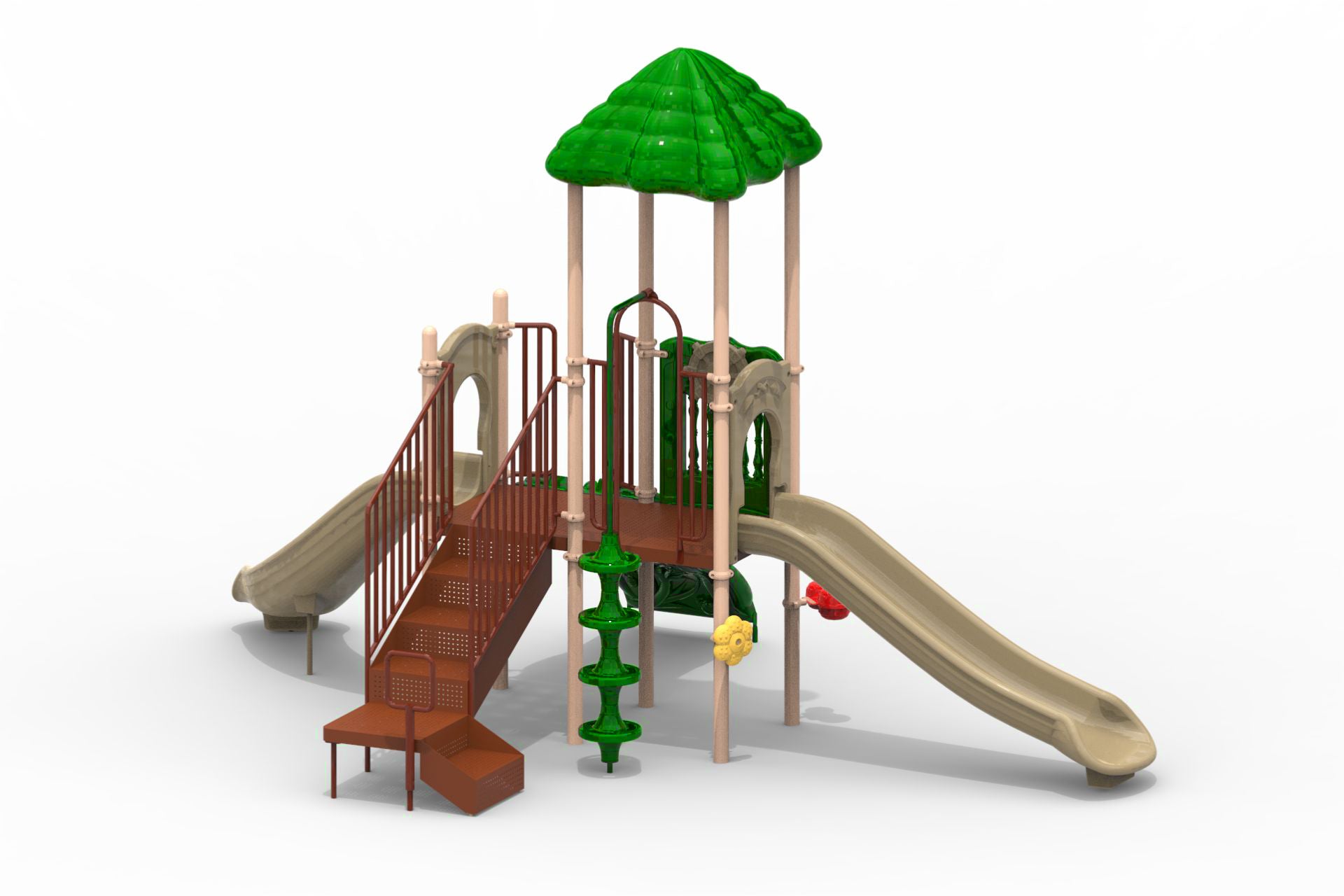 Compact playground with two beige slides, green spiral climber, brown stairs, and green leaf-shaped roof