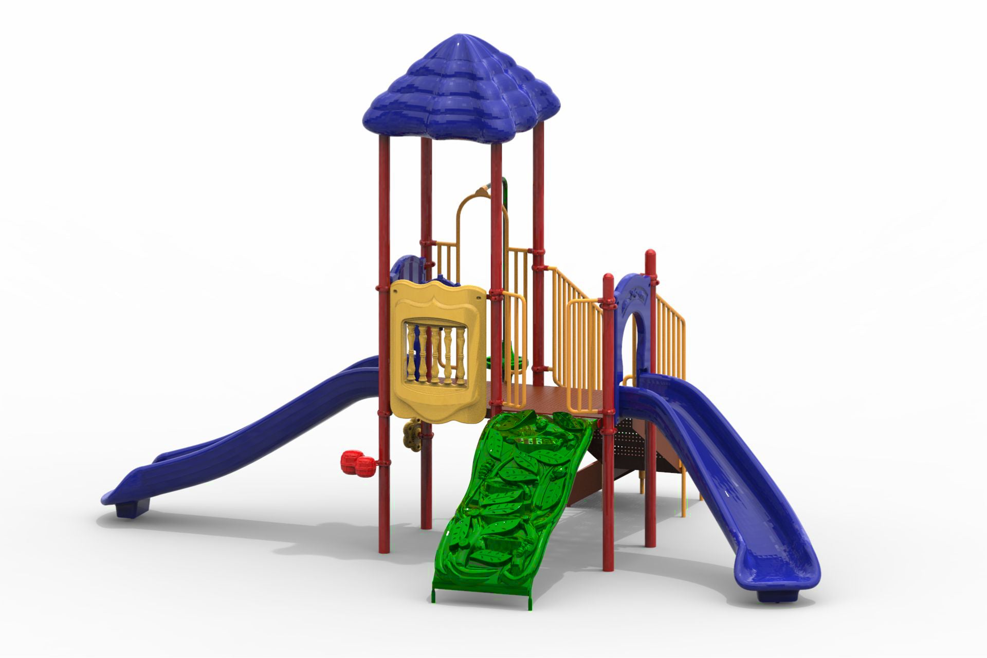 Compact playground structure with two blue slides, green climbing wall, yellow panels, and blue peaked roof.